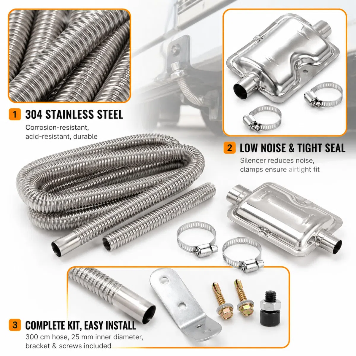 1 Piezas Tubo de Escape Incluye 2 Pinzas de Acero Inoxidable, Manguera de Escape de Acero Inoxidable Diámetro Interior 25 mm, Longitud 300 cm, Adecuado para Calefacción Diésel En Autocaravana
