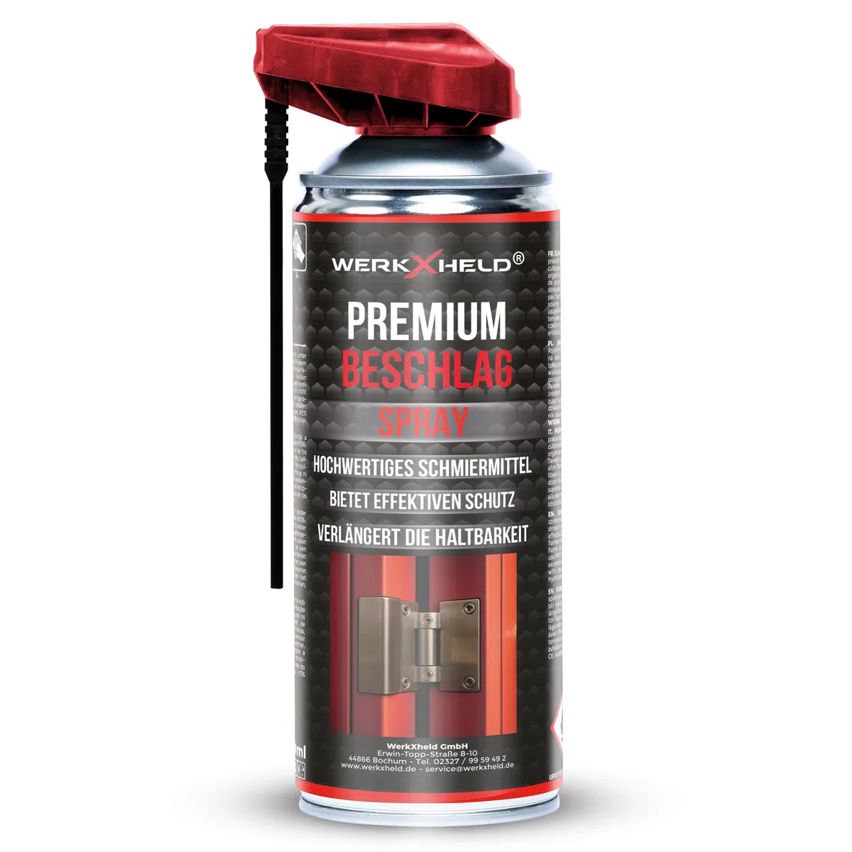 WerkXheld Aerosol para ventanas y puertas – 400 ml, lubricante para ventanas y aceite, optimizado para herrajes de ventanas, cuidado y protección a largo plazo