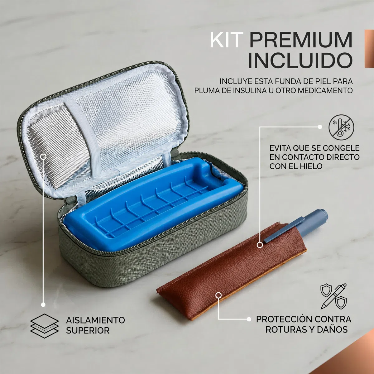 Nevera Insulina Portátil — Estuche Frío para Insulina y Medicamentos, Bolsa Isotérmica Viaje 21x9x6cm con Porta Plumas, Bolsa de Hielo Reutilizable, Forro Aluminio para Diabéticos (Verde)