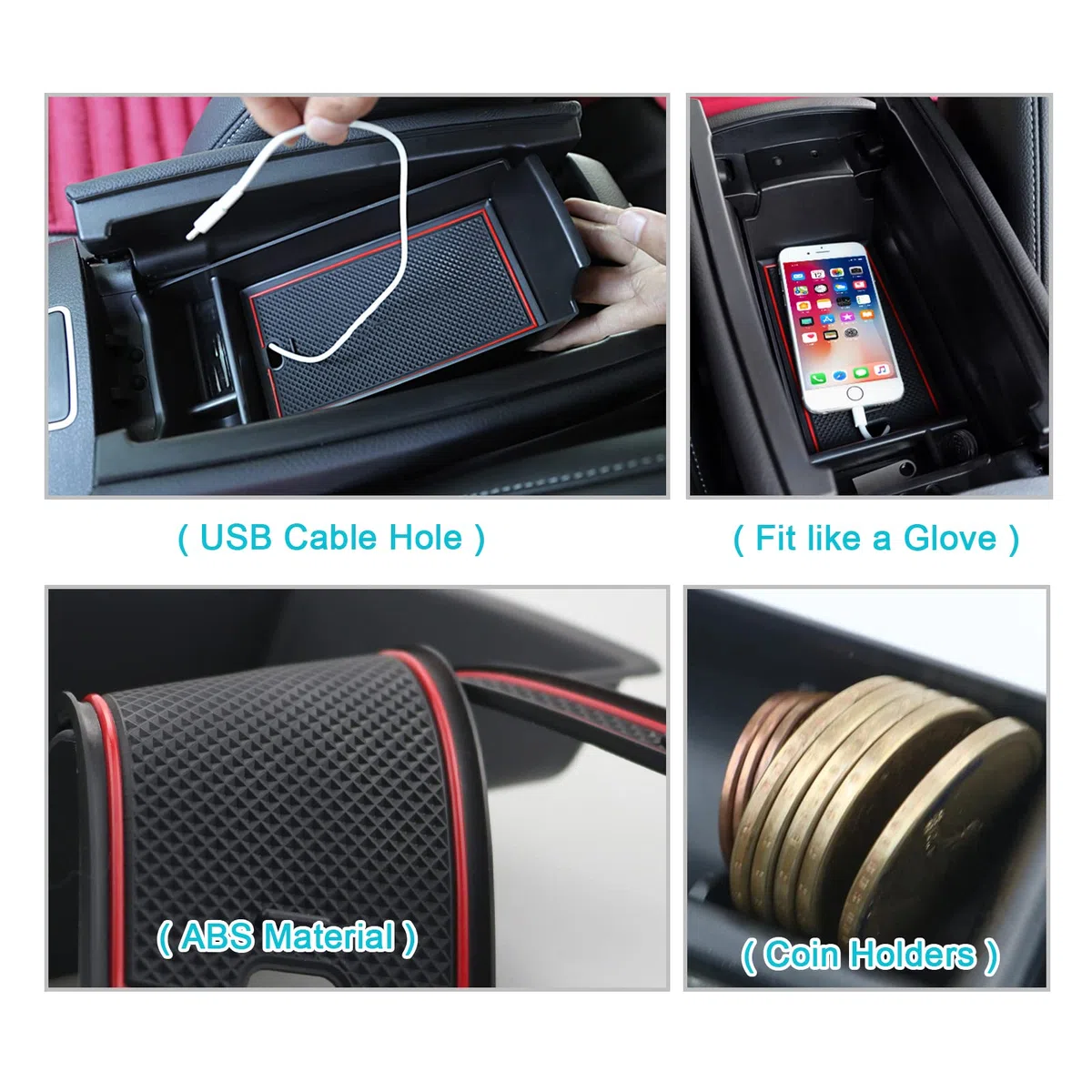 CDEFG Mercedes Clase A B W177 V177 W247 GLA H247 CLA C118 2019+ Caja de Almacenamiento Consola Central Apoyabrazos Interior Center Armrest Box, con Tapete Antideslizante Accesorios del Coche (Rojo)