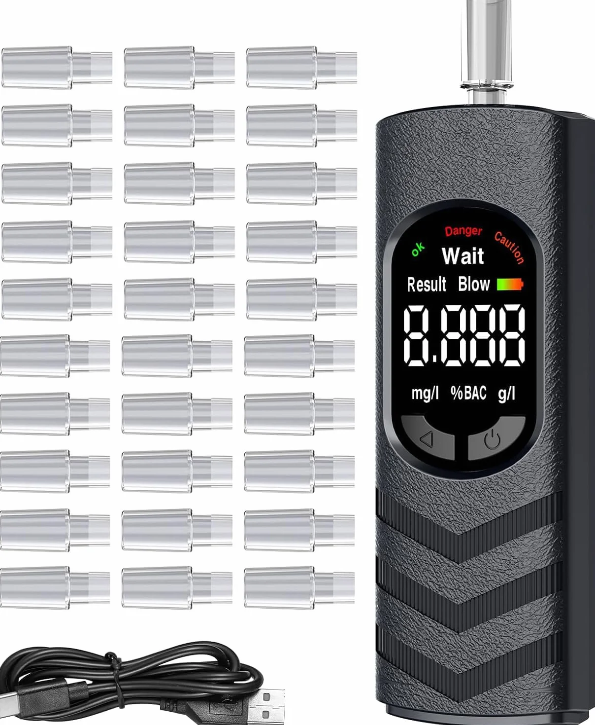 Etilómetro Digital Portátil con Pantalla LCD a Color – Alcoholímetro Recargable USB-C para Casa, Fiestas, Barbacoas, Viajes – 20 Boquillas Desechables Higiénicas Incluidas