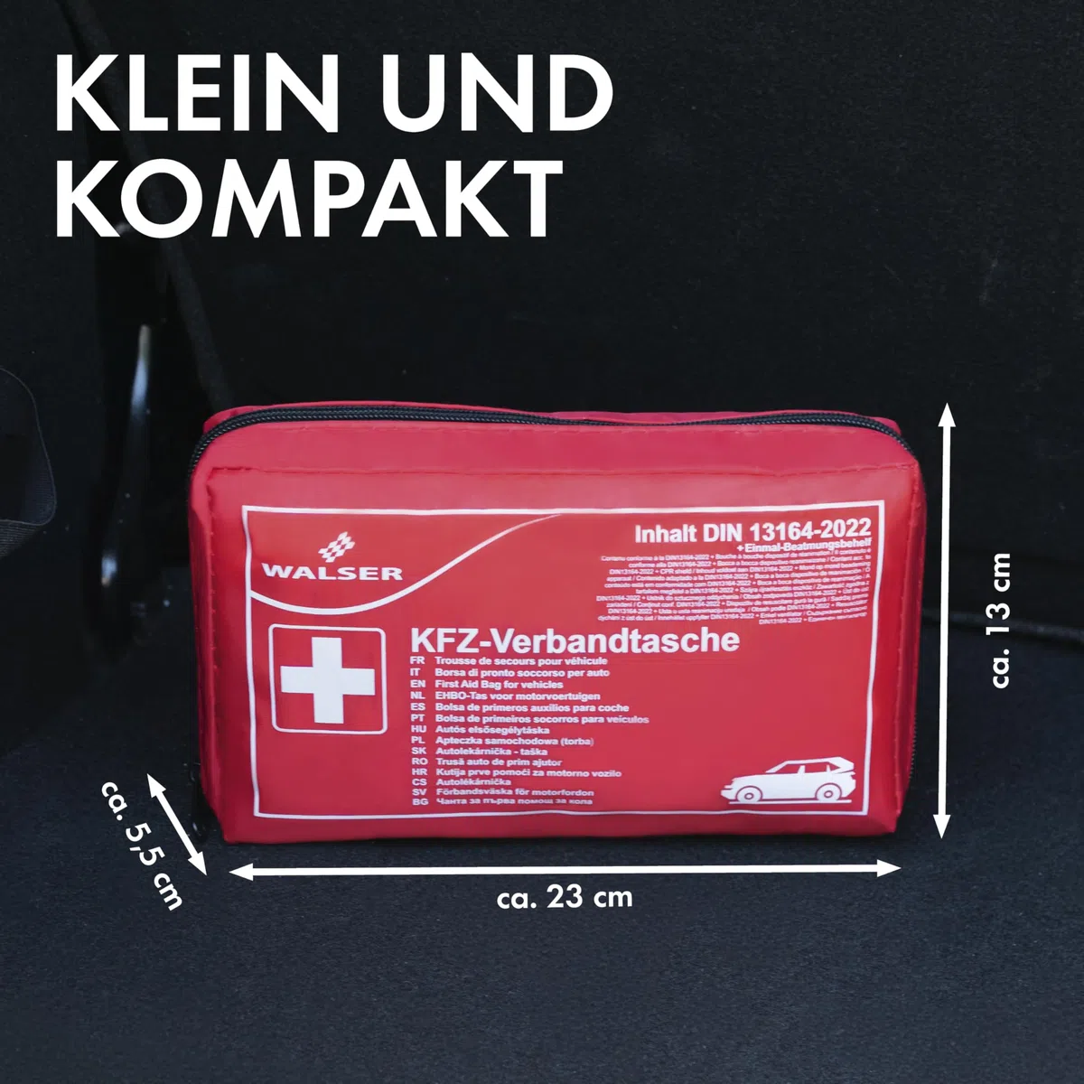 WALSER Bolsa de primeros auxilios para coche, kit de primeros auxilios, bolsa de primeros auxilios DIN 13164:2022, kit de primeros auxilios rojo 44283