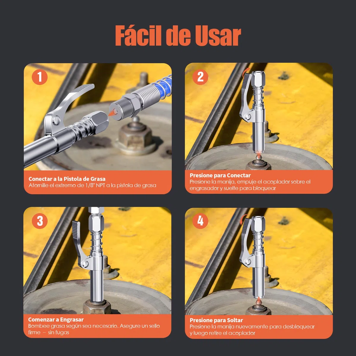 TRILINK Boquilla Engrasadora 2 Piezas – Acoplador de Pistola de Grasa con Liberación Rápida y Uso con Una Mano – 6 Mordazas – Adaptador 1/8" NPT Compatible con Engrasadores SAE y Métricos