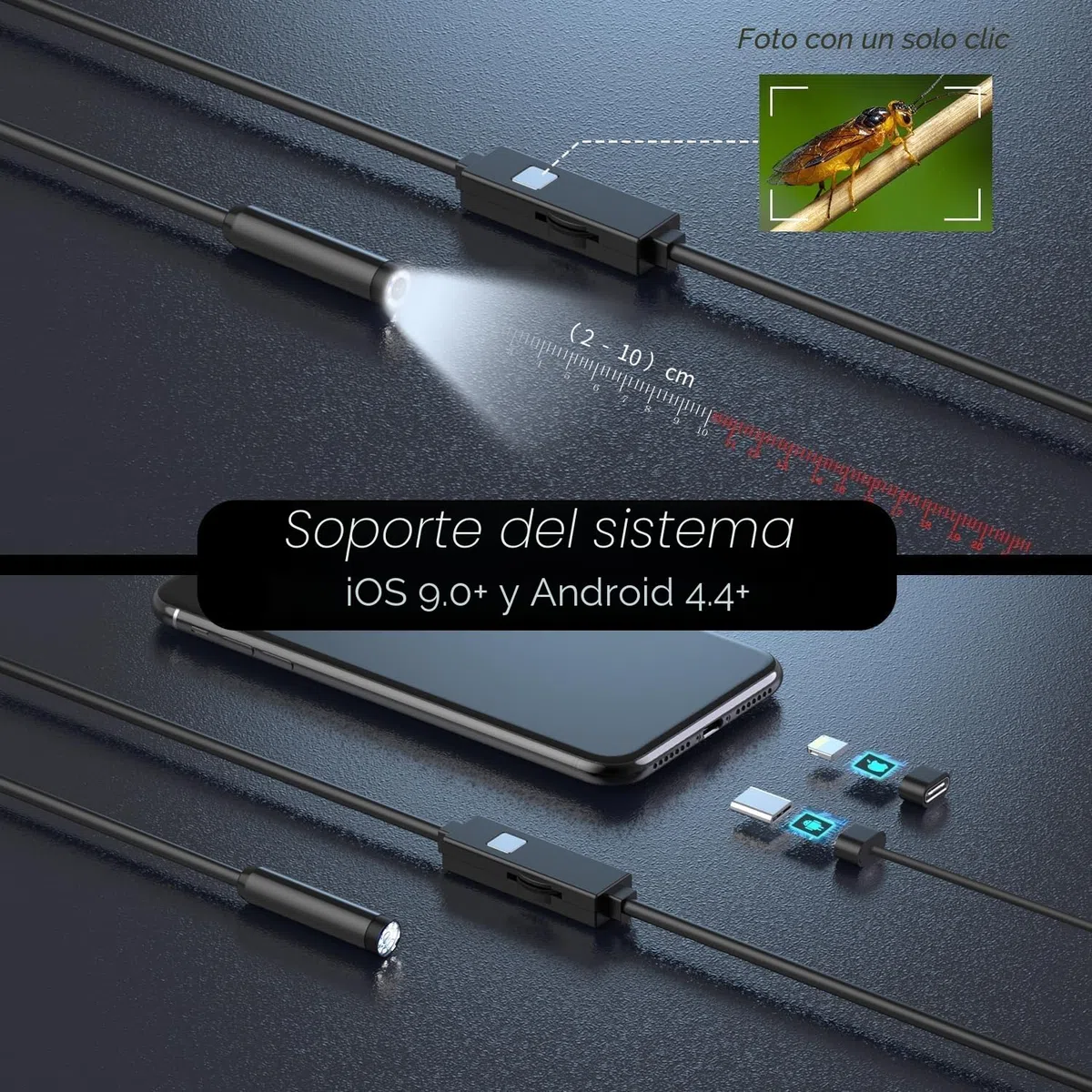 Endoscopio Cámara de Inspección - 3 en 1 USB Cámara endoscópica, Endoscopio Para Movil de Cable Semirrígido, IP67 Impermeable con 8 luces LED Sonda de 7,9 mm para Android, iPhone(5M, No Necesita WiFi)