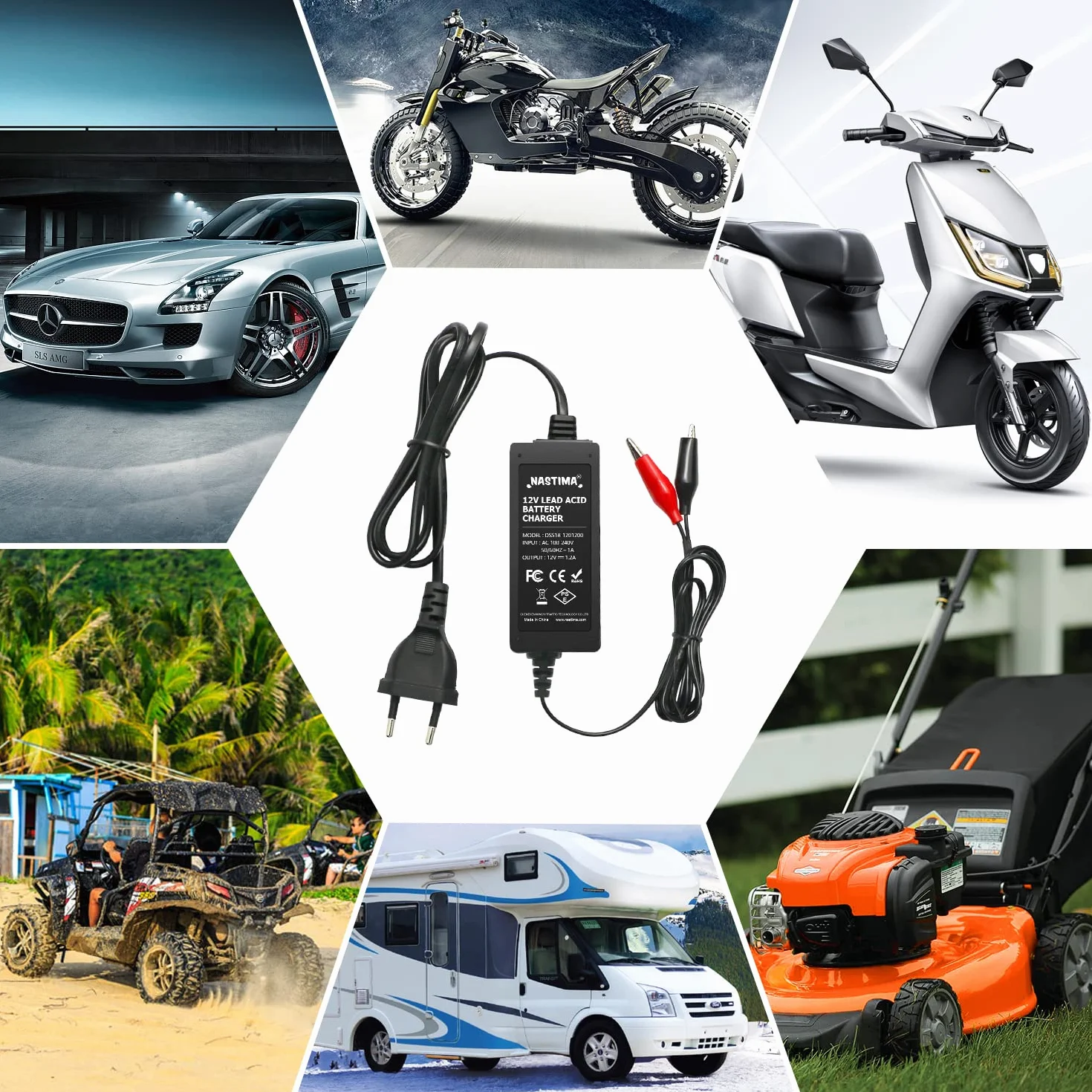 NASTIMA 12V 1200mA Cargador de Batería de Ácido de Plomo Sellado (SLA) con Protección contra Cortocircuito y Sobrecarga para Automóviles, Motocicletas, Vehículos Eléctricos con Batería de Plomo Ácido