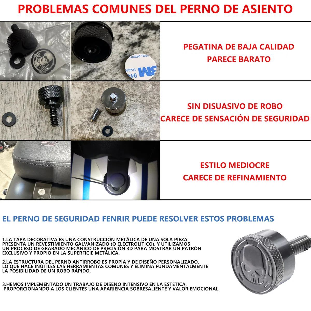 Fenrir Kit de Tornillo de Seguridad Antirrobo Asiento Moto Acero Inoxidable 304 Plata Grabado Metálico Calavera y Herradura Compatible con Harley Davidson 1997-Actualidad Sportster Softail Touring