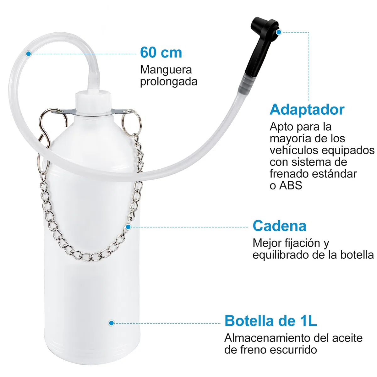 Purgador Frenos Coche, Deposito Liquido de Frenos 1L con Manguera de 60 cm y Adaptador de Goma, Psangrador de Frenos Moto, Apto para la Mayoría de los Sistemas de Purga de Frenos