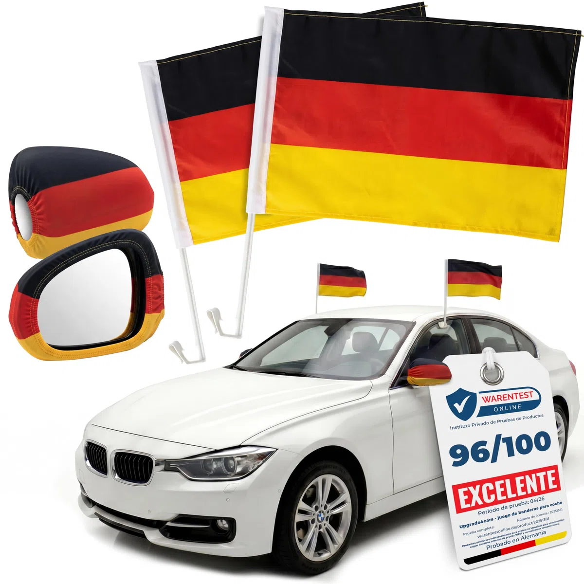 Upgrade4cars Bandera de Coche Alemania + Fundas Espejos Laterales | Banderín Auto Negro Rojo Oro 45x30 cm | Bandera MAX. 60 km/h