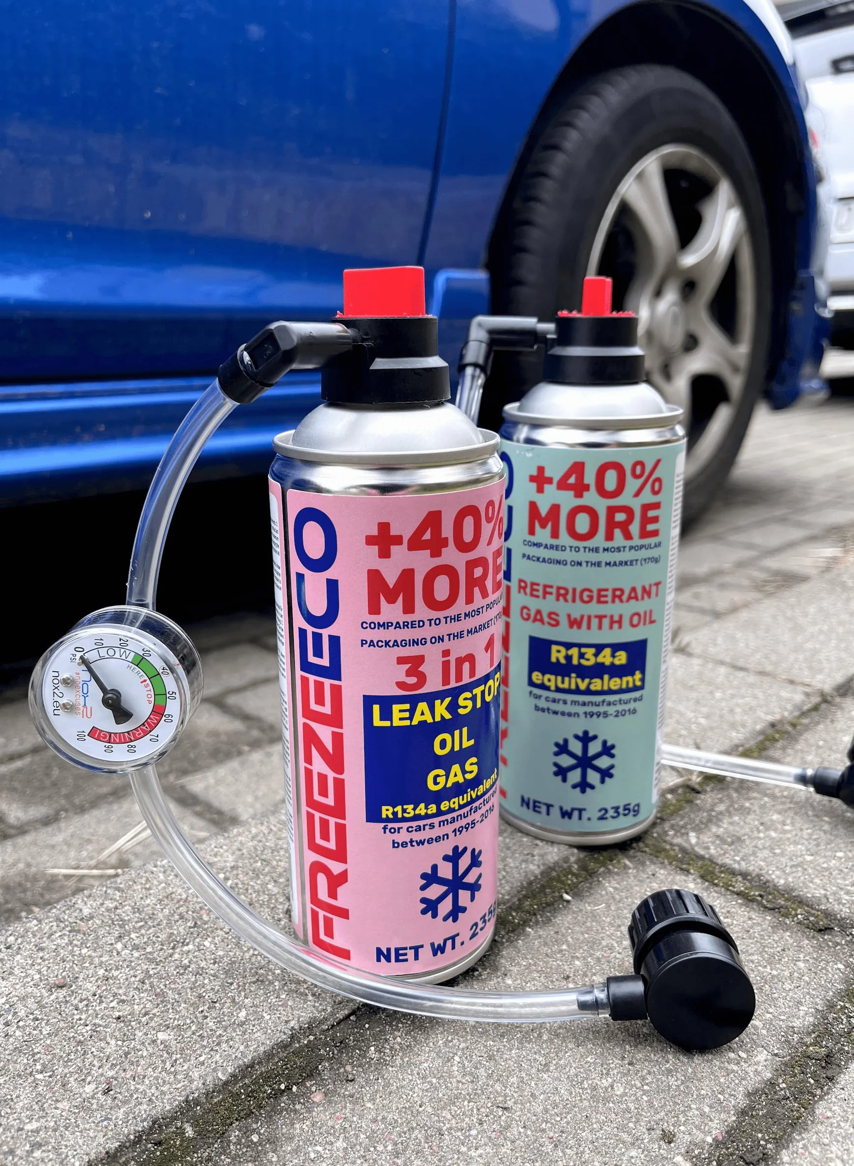 HOBBY, sustituto r134a, Sellador, refrigerante para aire acondicionado de automóviles, equivalente a 660 g, 1 lata, 2 en 1, 235g, con Manguera integrada con manómetro y Adaptador