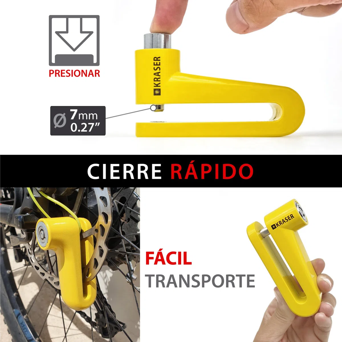 KRASER KR707Y Candado Moto Disco, Amarillo ø7mm Más Disuasorio, Cerradura Anti-taladro, Seguridad Compacta Facil Transporte, Antirrobo Bloqueo Pinza Disco Freno Moto, Bicicleta, Patinete Electrico