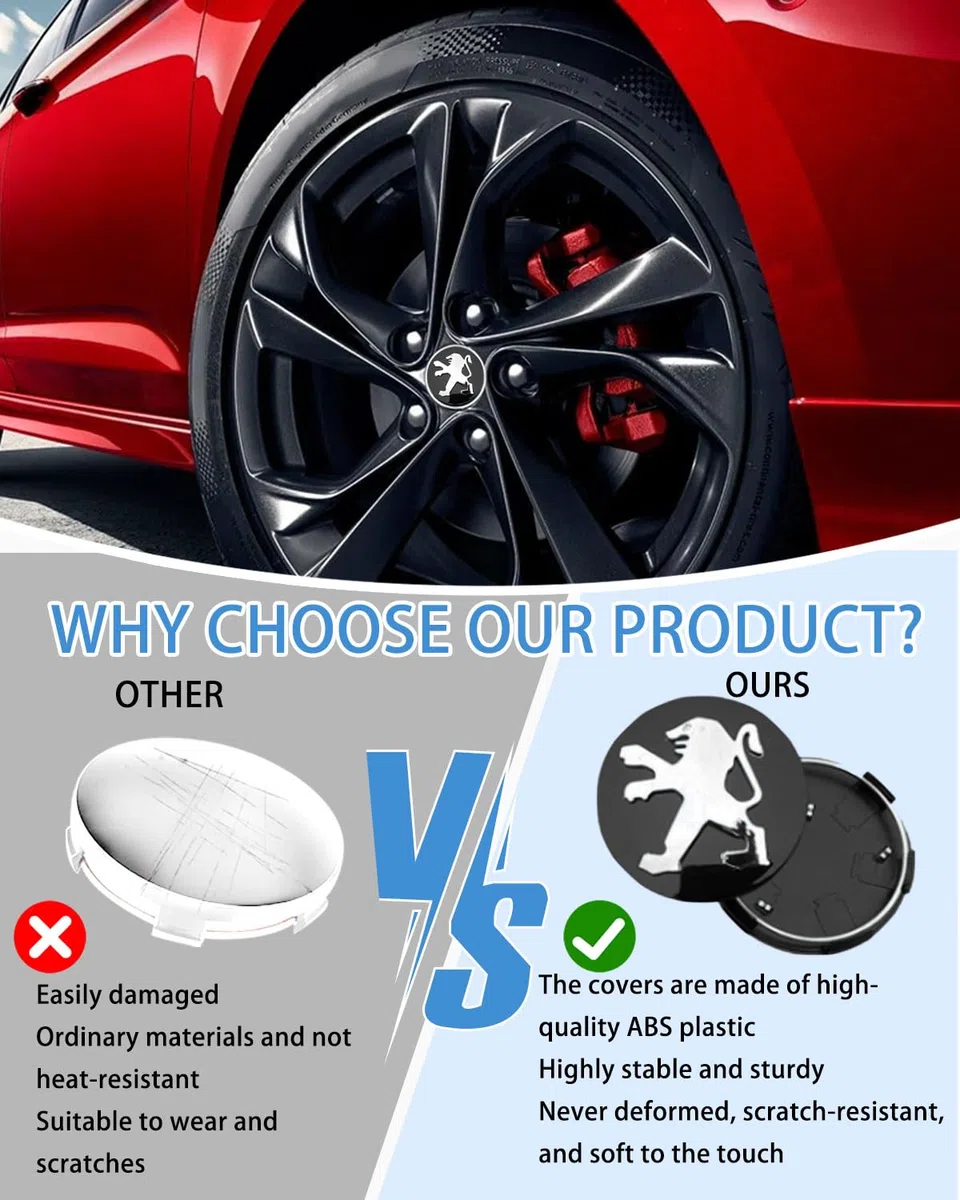 4 Tapas Centro Tapacubos para Peugeot 60mm - Tapas Llantas Centrales para Llantas para Llantas Originales OEM,Negro,Resistente al agua,Al polvo y con logotipo
