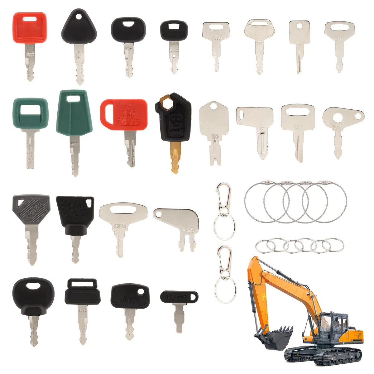 Juego de Llaves de Encendido,36PCS Llaves de Contacto de Repuesto de Repuesto Universales con 10 Llaveros, para Caterpillar Hitachi Kobelco Komatsu Kubota para Excavadoras Dumper Tractor Dozer