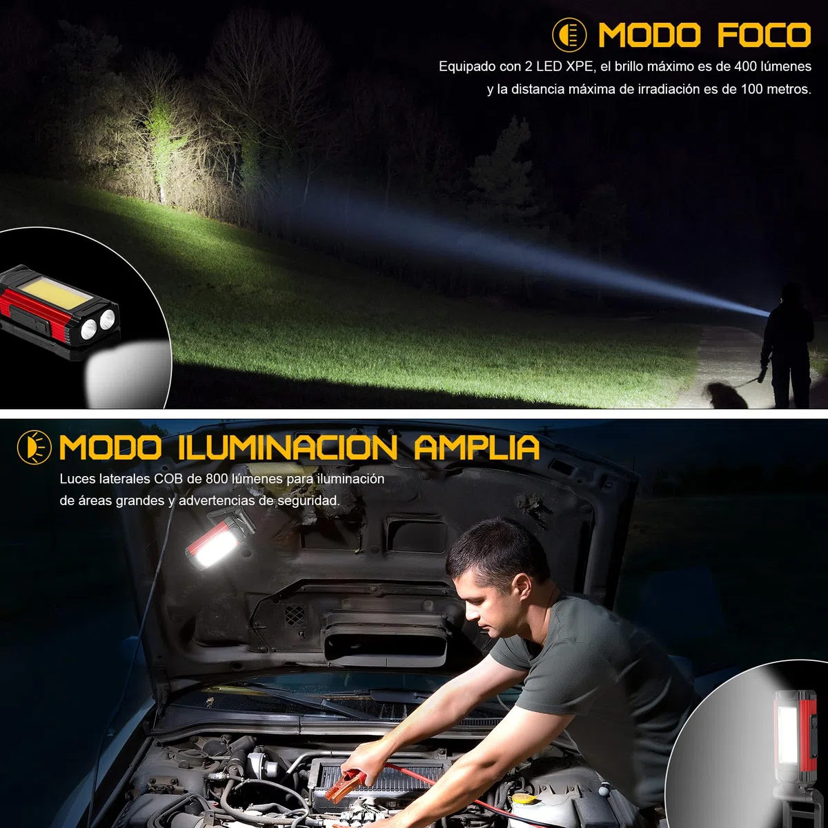 SPORWAY Linterna de Trabajo Led Recargable, Luz Portatil Taller Lampara de Trabajor Banco Energía Linterna Mecanico USB con Base Magnético y Gancho para Hogar, Automóviles, Camping, Emergencia