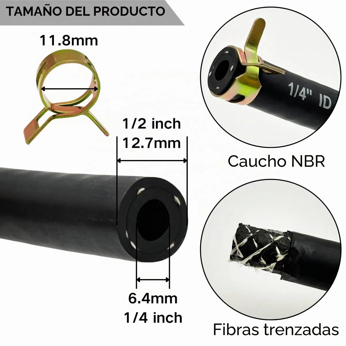 6 mm de diámetro interior Manguera de combustible trenzada NBR de pulgadas de diámetro interior, tubo de goma NBR de 2,4M para generador de automóviles, cortacésped con 10 abrazaderas