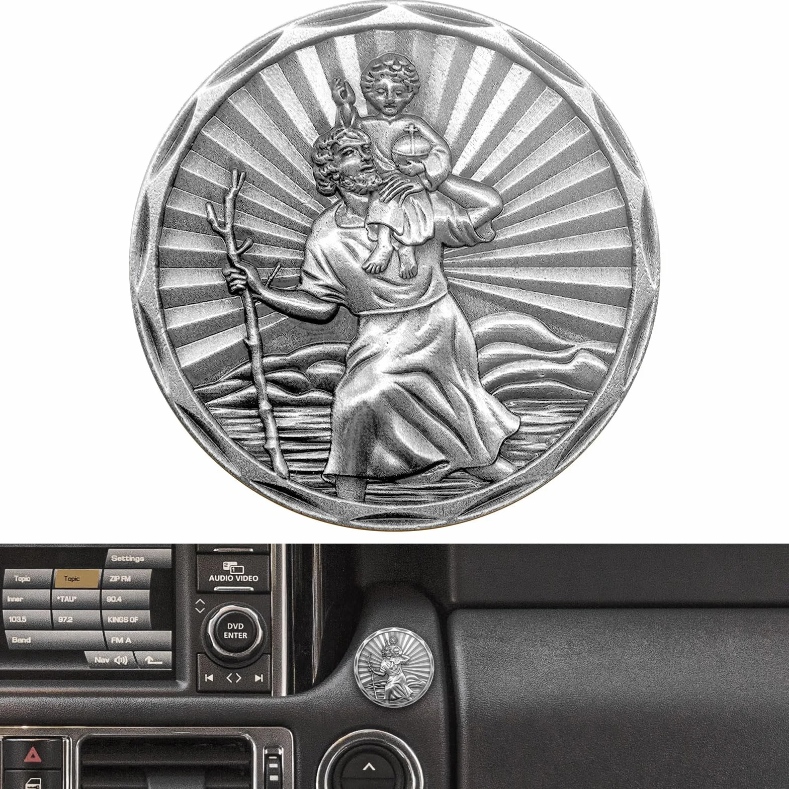 Placa de San Cristóbal para Coche, diámetro de 3,4 cm, Medalla de San Cristóbal para protegernos y Venir a casa, con imán y 3 Pegatinas Adhesivas de Doble Cara, 1 Pieza de Hierro (Plata Vieja)