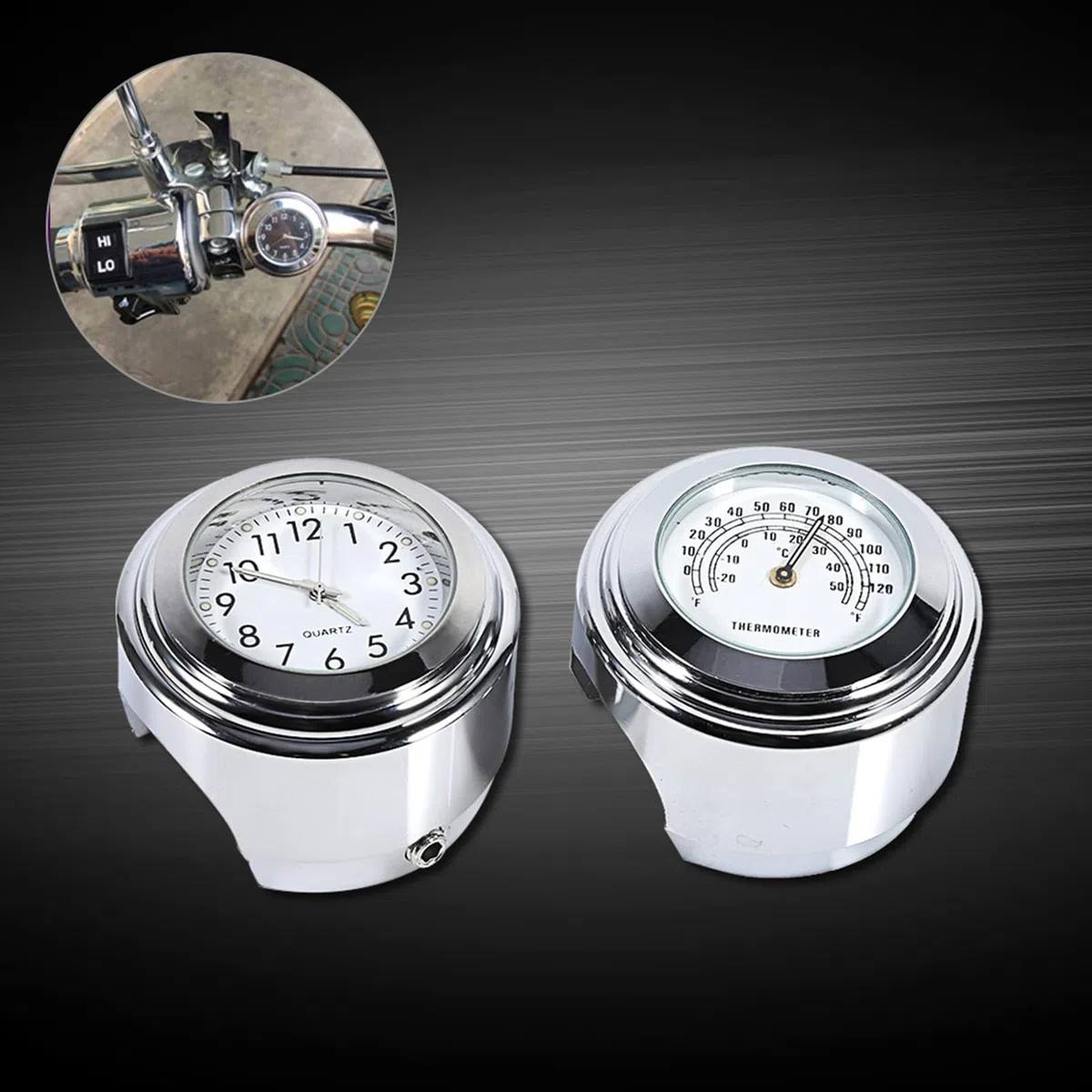 Reloj para manillar de motocicleta, Akozon 7/8 "1" Soporte para manillar de motocicleta Reloj Dial y termómetro