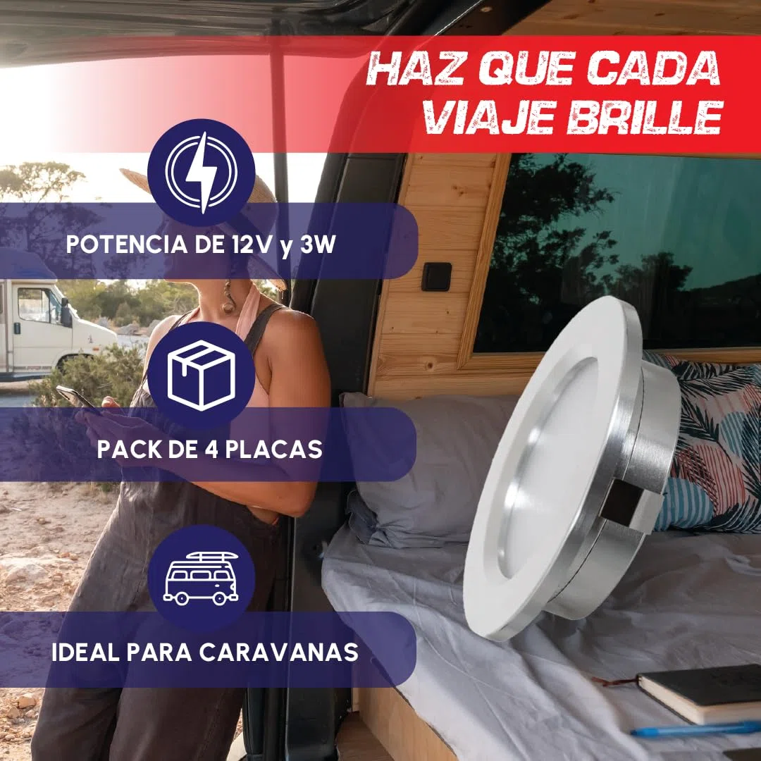 Valdi Led Pack 4 Placas Led A 12v 3w 4000k -marco blanco Autocaravana, Ojos De Buey Led Para Techo, Foco Led Interior, Led Techo, Panel Led, Ideal Para Camper Y Caravana