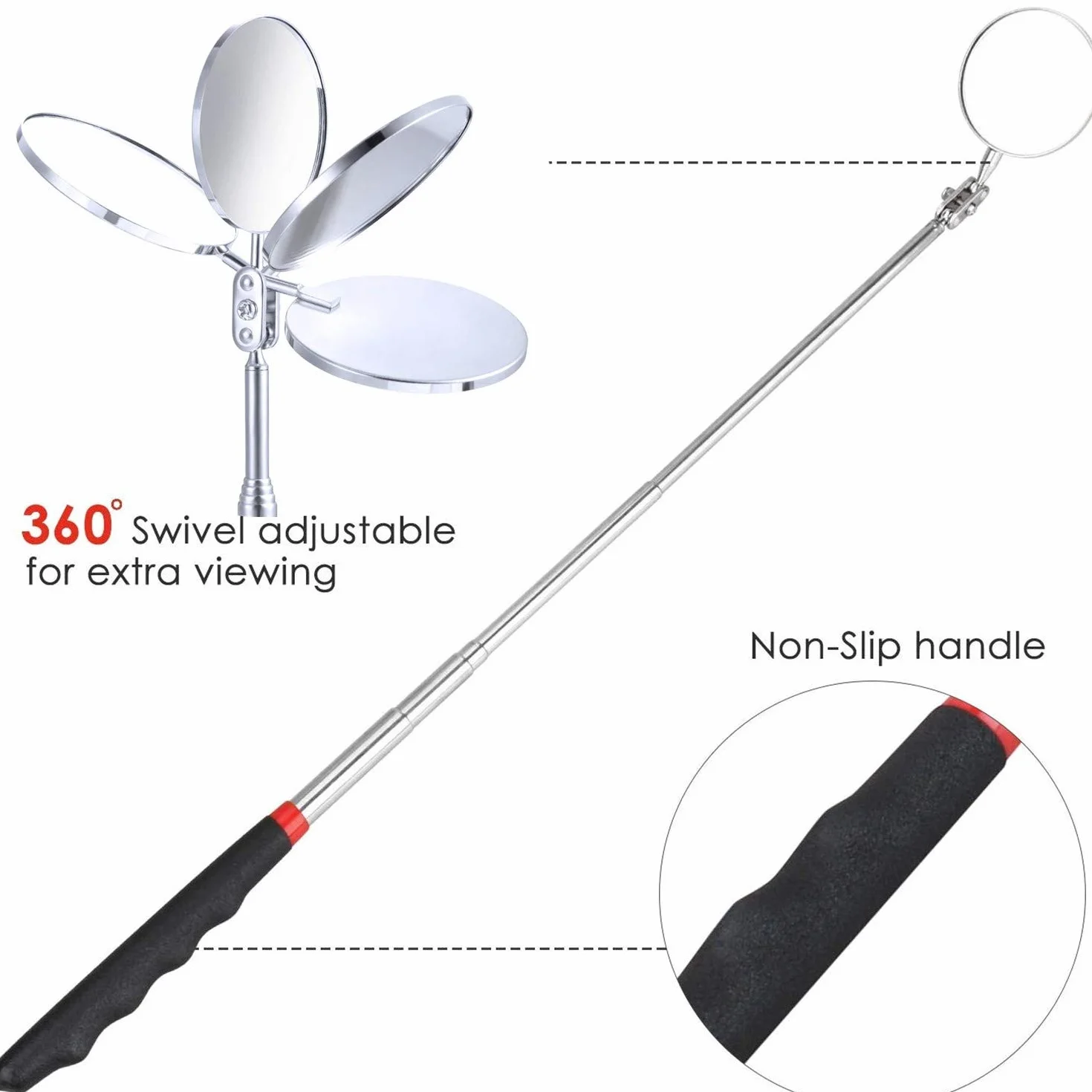 Queta LED Espejo de Inspección Telescópico Imán, 5pcs que Incluye Luces LED de Varilla de Recogida, Espejo de Inspección y Linterna, Mango Telescópico Giratorio 360 grados