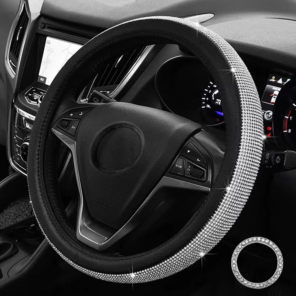 Pahajim Funda Volante Coche Bling Bling Rhinestones Cubre Volante Cuero de PU Antideslizante Universal 38 cm/15 Steering Wheel Cover para Mujer (Negro-Blanco)