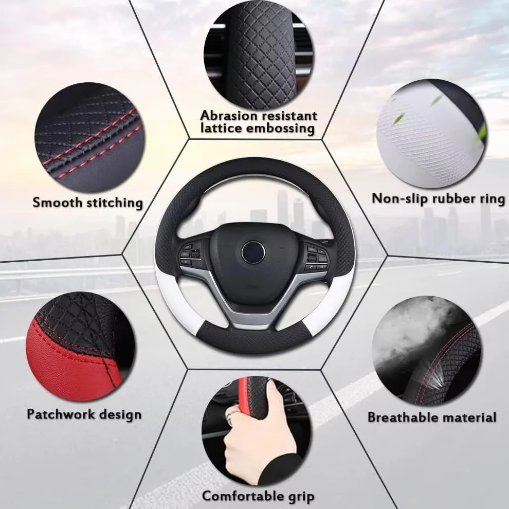 Pahajim Funda Volante Coche Universal Protector Volante Coche de Cuero PU Steering Wheel Cover Transpirable Antideslizante 37-38cm para Hombres y Mujeres