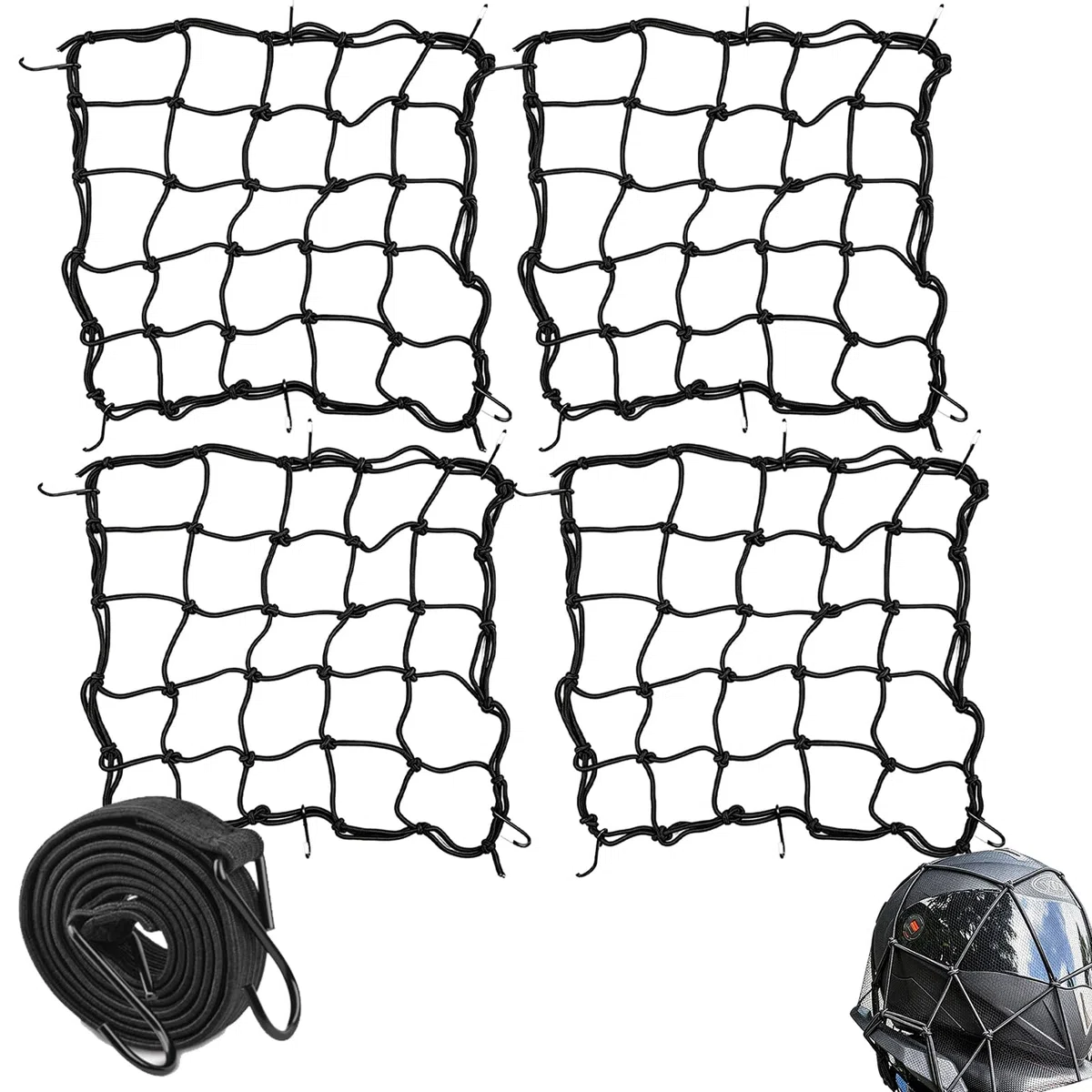 4 Pieza Red de Equipaje, Red para Equipaje de Motocicleta, Red para Casco con Ganchos, Viene con un Cordón de Sujeción para Motocicleta Adecuado para Sujetar Cascos o Equipaje de Motocicleta(Negro)