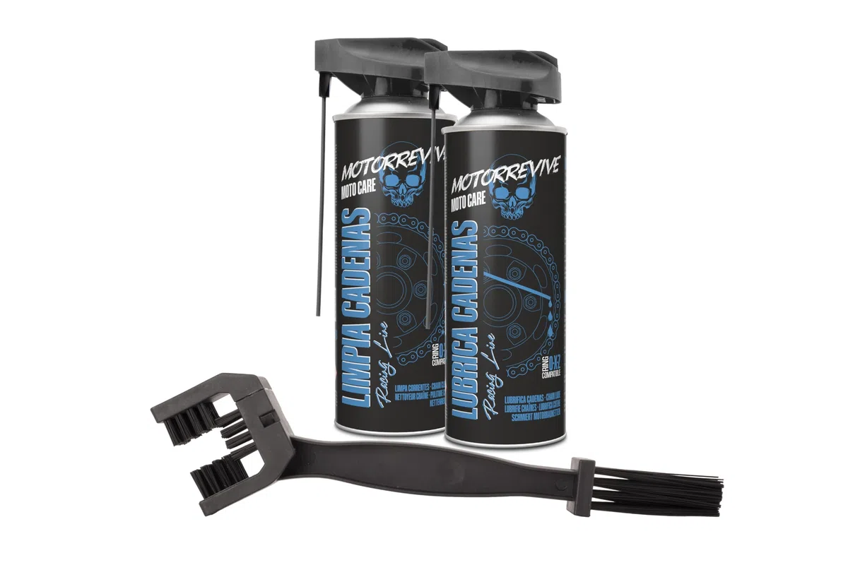 Pack Racing Line con Limpiador, Lubricante y Cepillo para Cadenas de Moto 380 + 380 ml | Mantenimiento Integral para Motos Deportivas de Alto Rendimiento.
