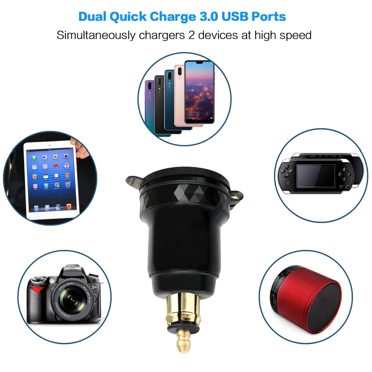 Adaptador de carga USB DIN Powerlet a Dual Quick Charge 3.0 con voltímetro e interruptor para motocicleta Ducati, Triumph, BMW Motos (negro)