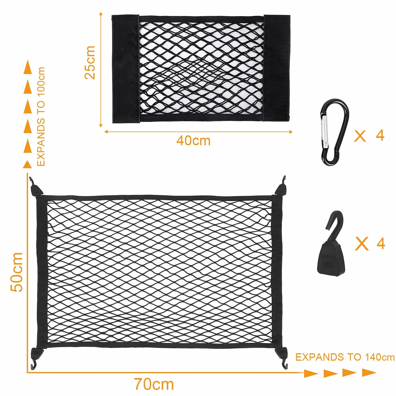 Red Maletero de Coche, Almacenamiento Red se Extiende hasta 140x100CM, con 2 PCS Organizador Bolsa de Red +4 Mosquetones+4 Ganchos ABS, el Borde elástico sujeta Las Cargas con Mayor firmeza