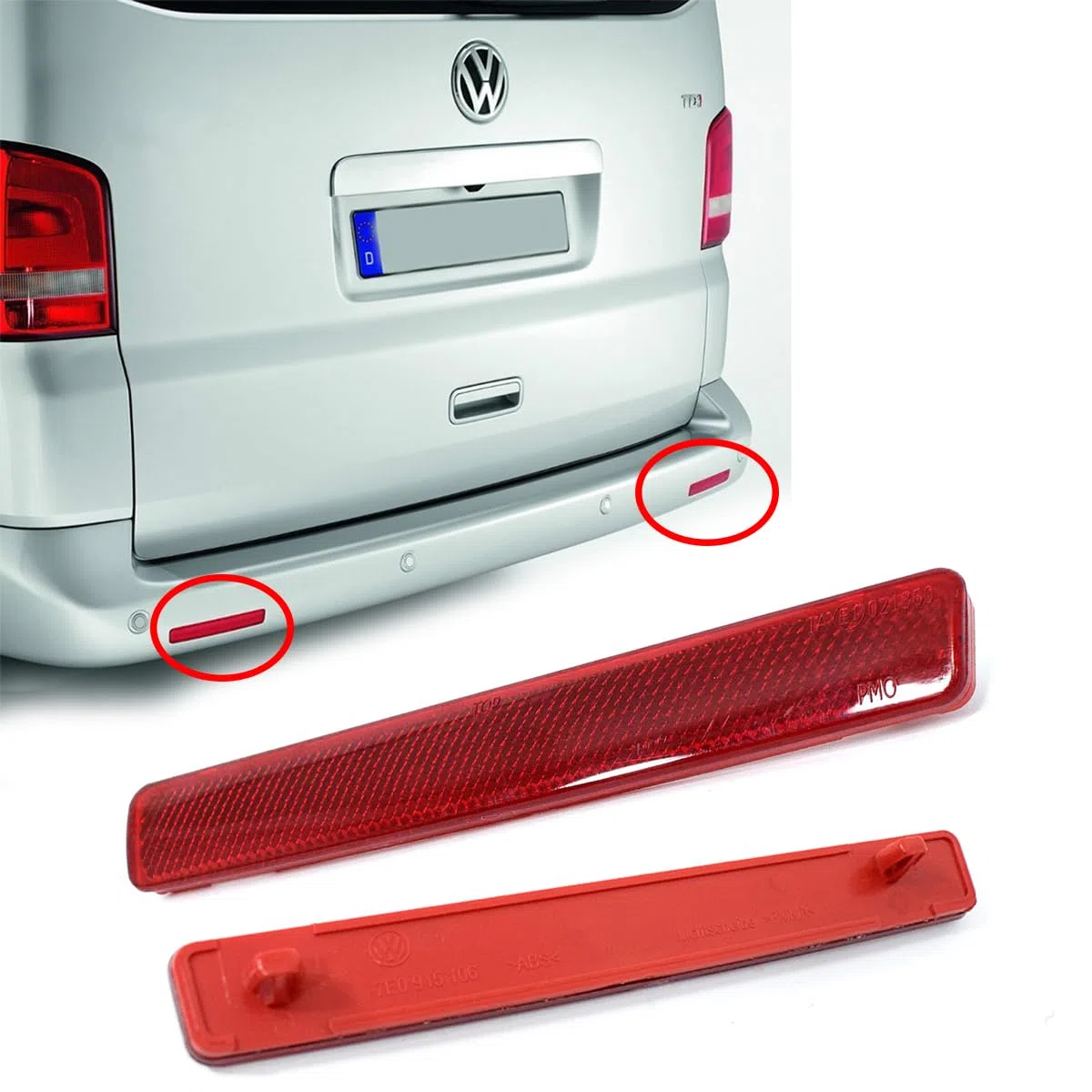 2 x Reflectores para parachoques trasero, izquierdo y derecho, compatible con VW T5 Transporter Caravelle Multivan 2003-2012 7E0945106 7E0945105