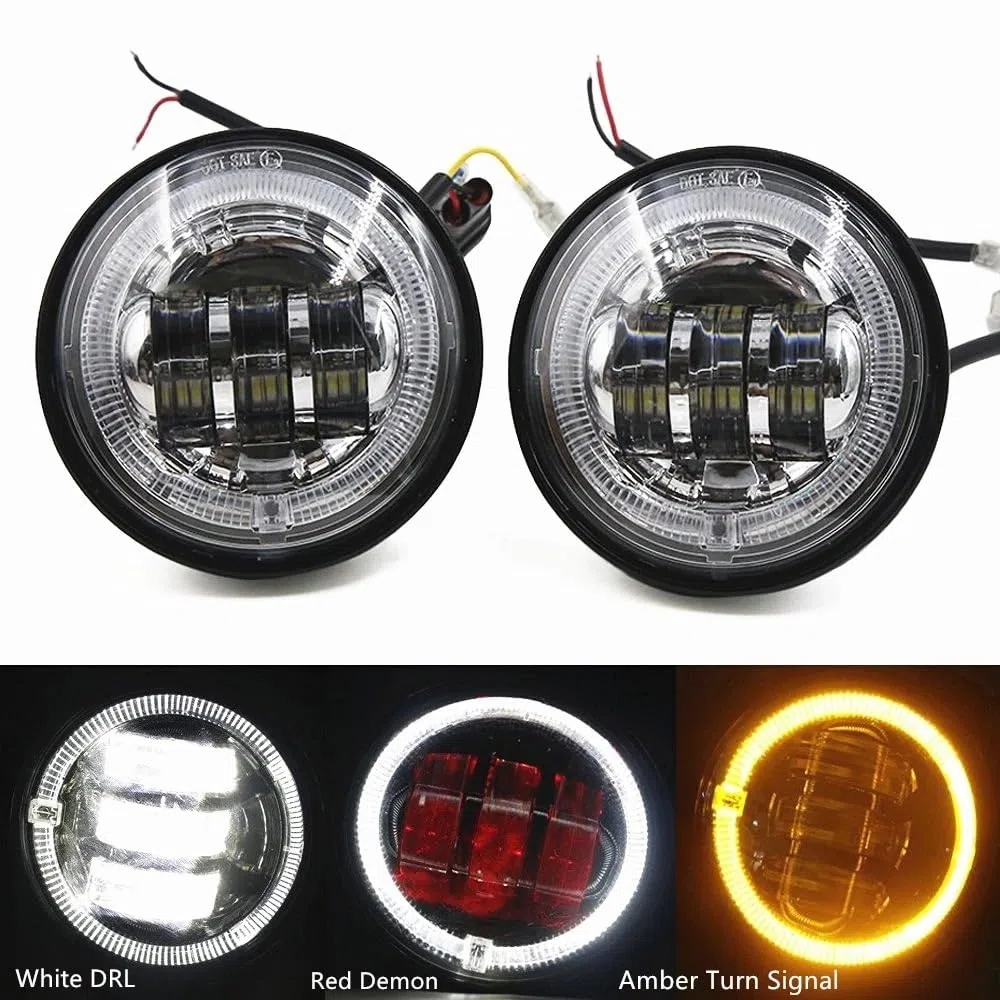 Faros Antiniebla LED 4,5 Pulgadas Y 30 W Color Rojo Blanco DRL Ámbar Intermitentes Halo Luz Cruce Auxiliar Para Motocicleta Luces Antiniebla Luz Niebla(Cromo)