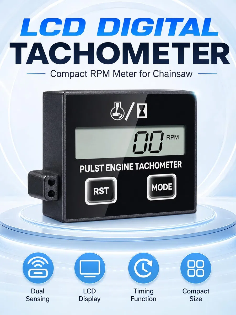 VOBOR Tacómetro Digital Inductivo Pequeño, Tacómetro de Motosierra Impermeable con Contador de Horas, para Motosierras, Cortadoras de Césped y Motocicletas
