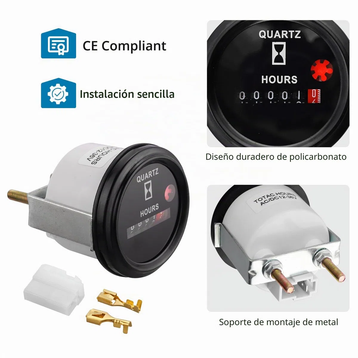 AUTOUTLET Medidor de horas de cuarzo de 6 V-80 V, 12 V, medidor de horas industrial con soporte de metal antivibración, diseño de cuarzo impermeable para uso en interiores y vehículos