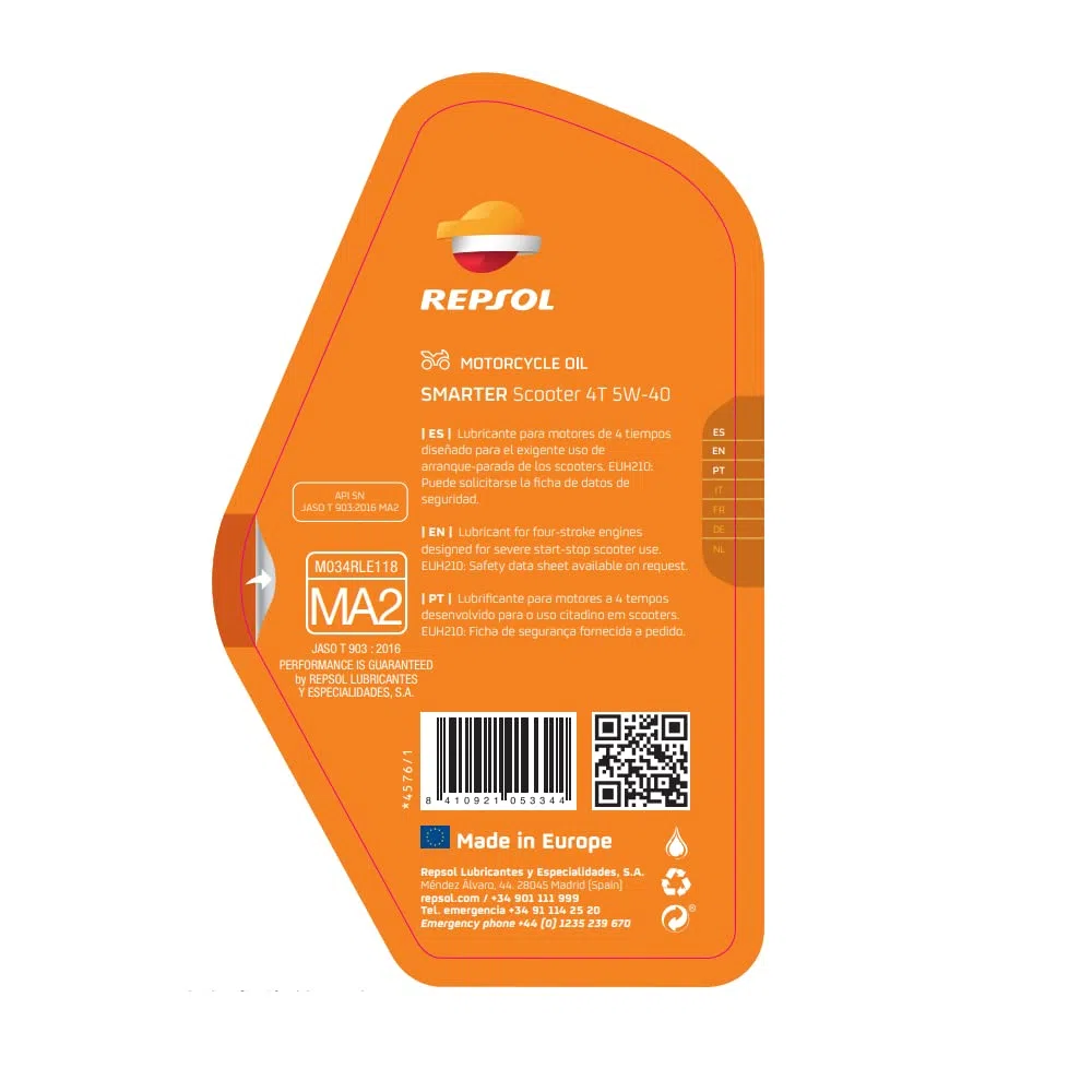 REPSOL Aceite de motor 5W-40 SMARTER Aceite sintetico API SN SCOOTER 4T 1L