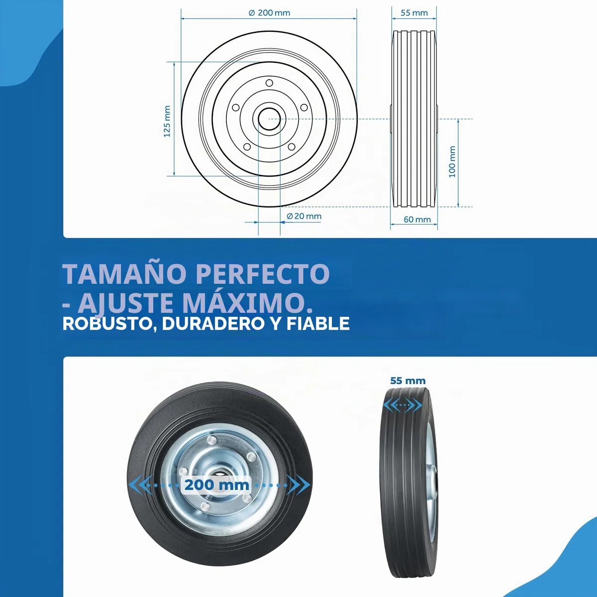Rueda de repuesto para rueda de apoyo, 200 x 50 mm, neumáticos de goma maciza sobre llanta de acero para remolques y caravanas, carga de apoyo de 150 kg, pieza de repuesto robusta
