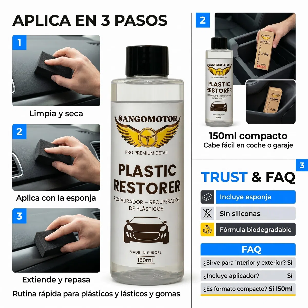 Renovador de Plásticos y Gomas. Restaura y Protege Plásticos y Gomas. Incluye Esponja Aplicadora. Fórmula Profesional y Biodegradable.