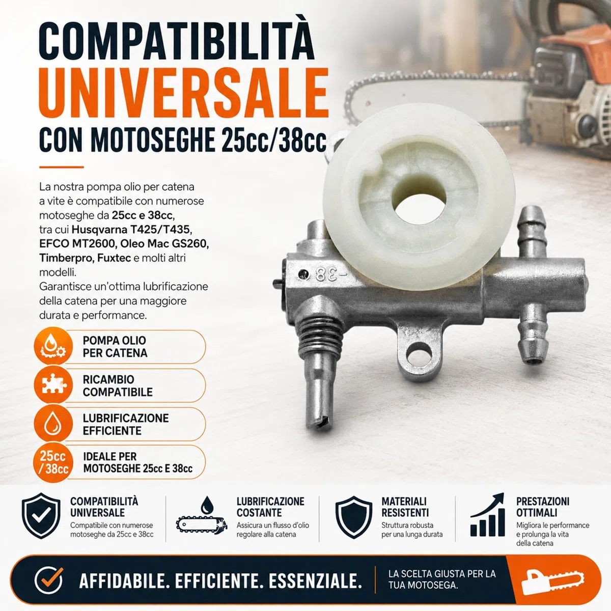 Bomba de aceite de cadena de tornillo para motosierra – Se adapta a 25 cc/38 cc – Compatible con Husqvarna, EFCO, Oleo Mac, y otras marcas – Fácil instalación – Alta calidad