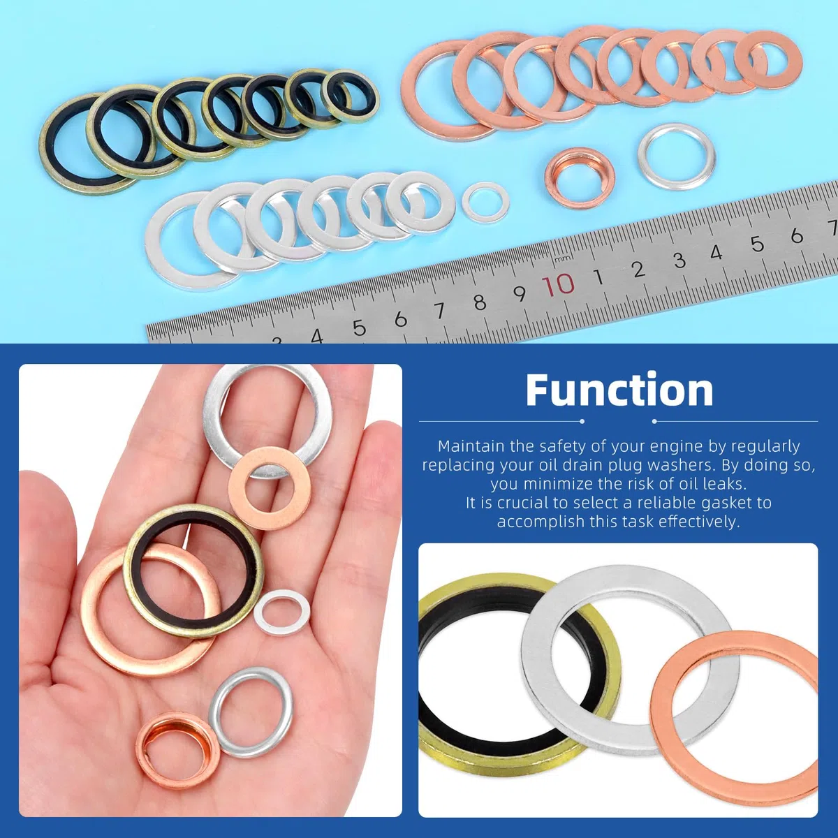 Glarks 143pcs 10 tamaños Automotive Oil Drain Plug Kit M8 M10 M12 M14 M16 M18 M20 M22 Aluminio Cobre Acero Aceite Crush Washer Seal Oil Drain Plug Crush arandela