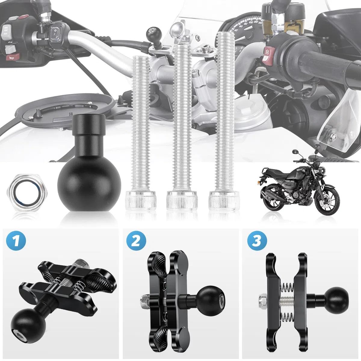 Baceyong Base de sujeción para manillar de motocicleta, accesorio de agujero de tornillo M8 para motocicleta con bola de 25 mm, soporte de teléfono de motocicleta