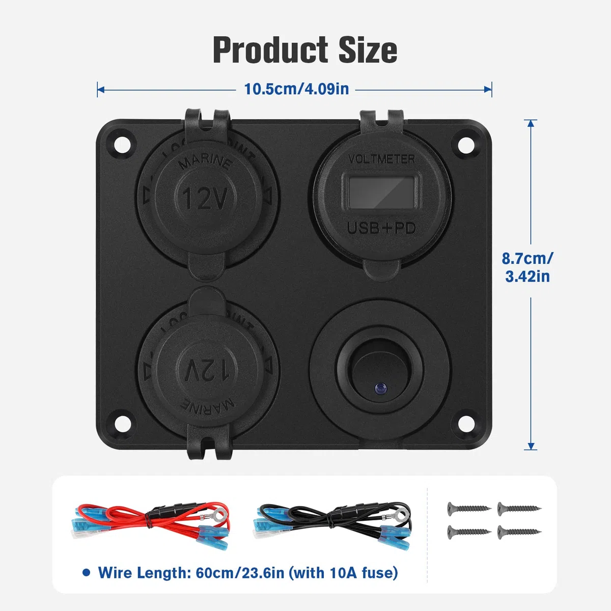 Thlevel 4 en 1 Panel de Enchufes Toma USB Coche Tipo C y QC3.0 con Encendedor de Cigarrillos Voltímetro LED y Azul Interruptor para Coches Motos Vehículos Recreativos Camiones Barcos
