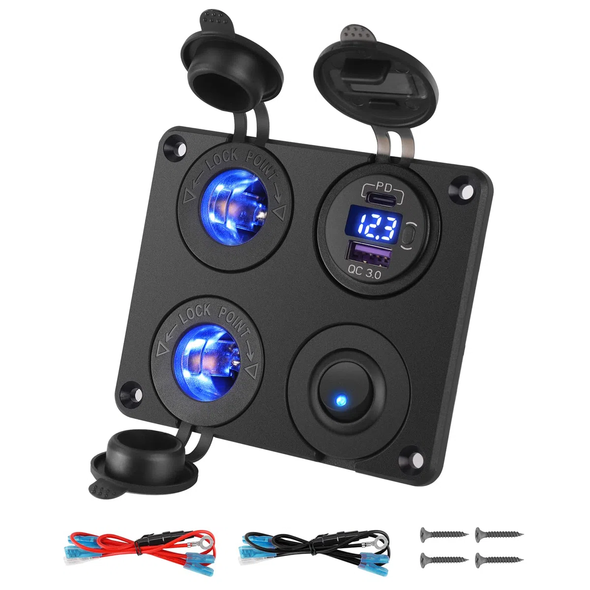 Thlevel 4 en 1 Panel de Enchufes Toma USB Coche Tipo C y QC3.0 con Encendedor de Cigarrillos Voltímetro LED y Azul Interruptor para Coches Motos Vehículos Recreativos Camiones Barcos