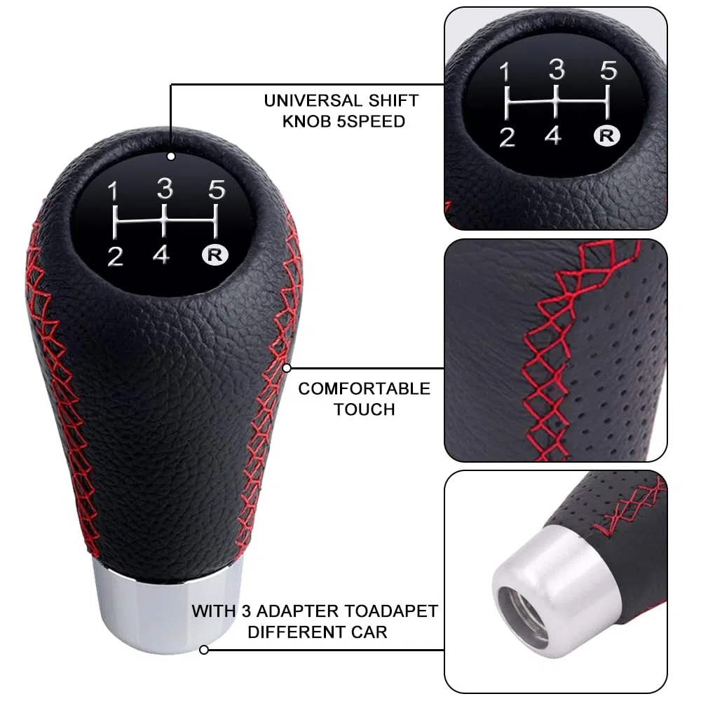 OBEST Pomos de Palanca Cambios Coche Manual Universal, 5 velocidades Perilla de Cambios de Piel para Coche de Transmisión Manual con 8mm 10mm 12mm Adaptador