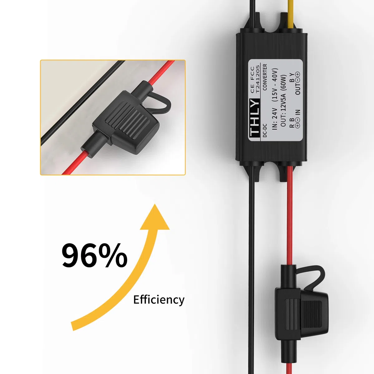 Convertidor 24v a 12v,Step Down Converter 5A 60W DC DC Buck de Voltaje de Potencia con Fusible a Prueba de Agua, Regulador de Voltaje CC para de Vehículo/Barco, etc. (Acepta entradas de CC15-40 V)