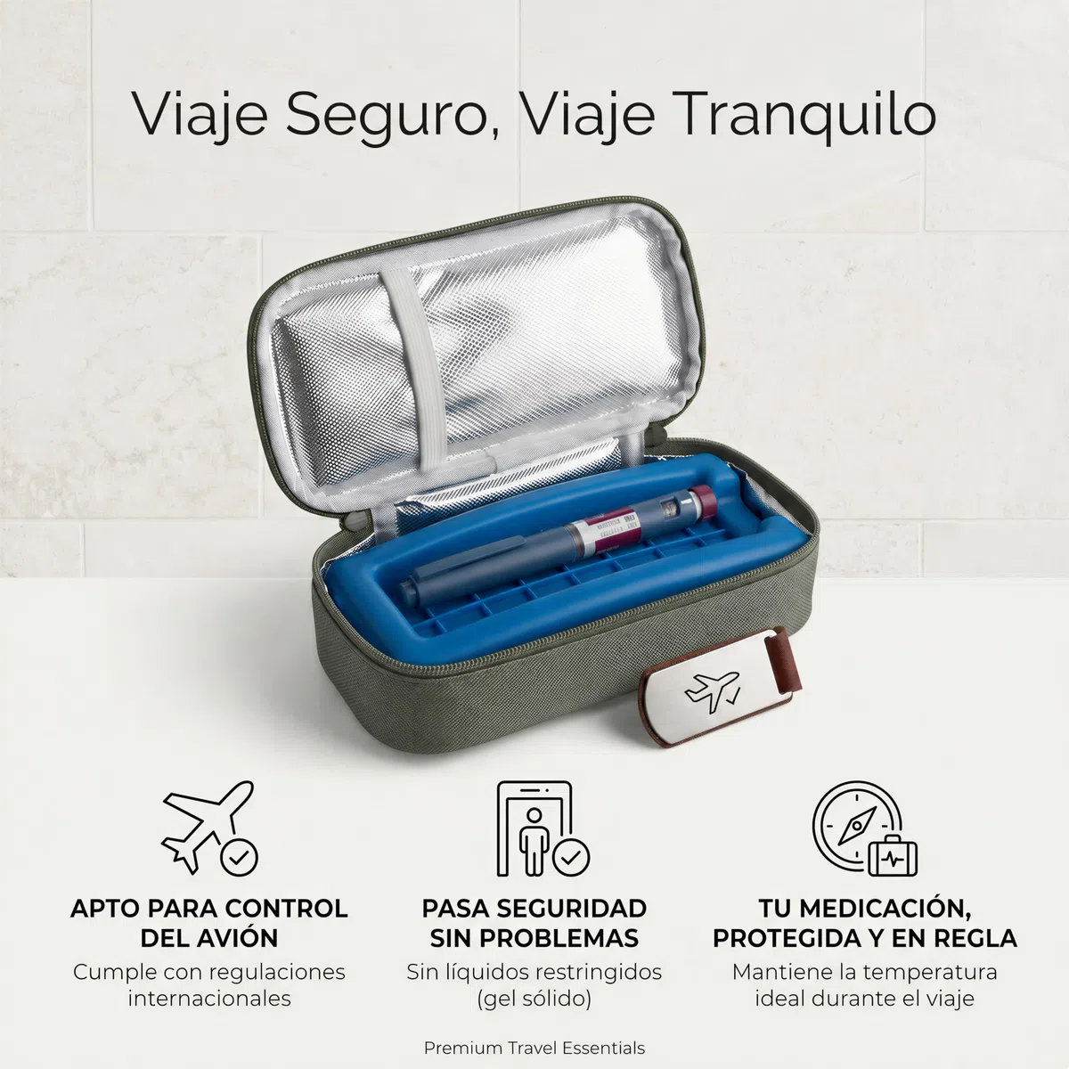 Nevera Insulina Portátil — Estuche Frío para Insulina y Medicamentos, Bolsa Isotérmica Viaje 21x9x6cm con Porta Plumas, Bolsa de Hielo Reutilizable, Forro Aluminio para Diabéticos (Verde)