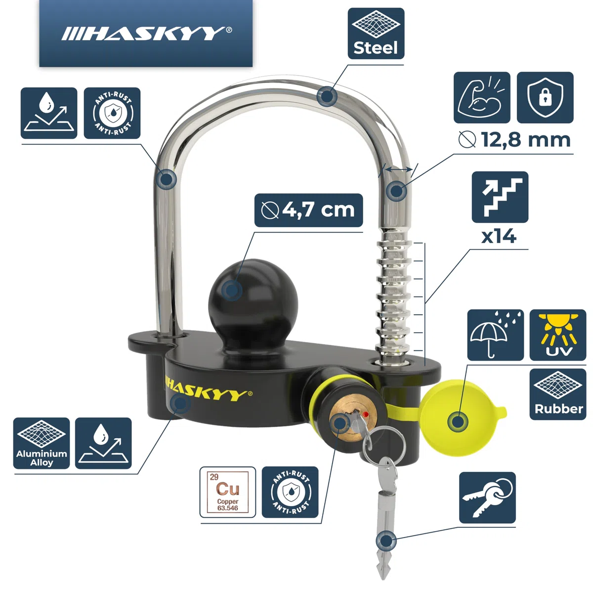 HASKYY Candado para enganche remolque I Robusto Candado para enganche para moto caravana tráiler I protección seguridad antirrobos llave I istema antirrobo Remolque I Candado de Seguridad