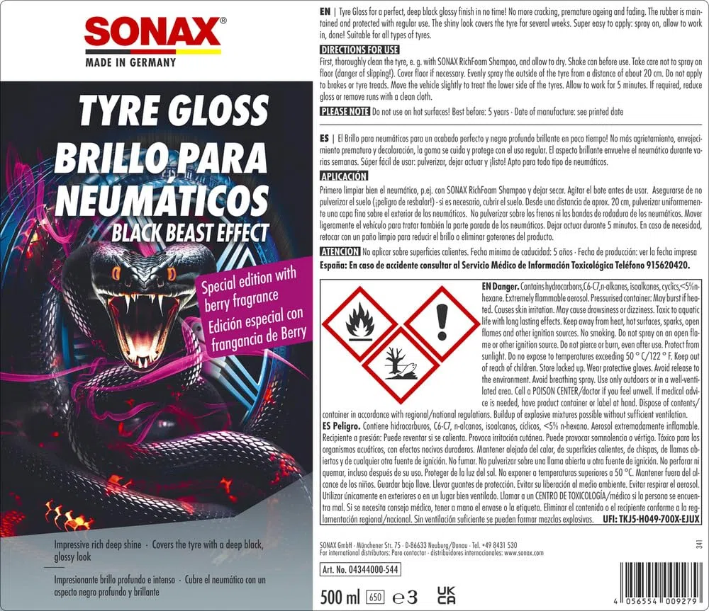 SONAX Brillo para neumáticos Black Beast Effect (500 ml) - el Gel Brillante para neumáticos Que consigue un Acabado Negro Brillante óptimo, 04344000-544