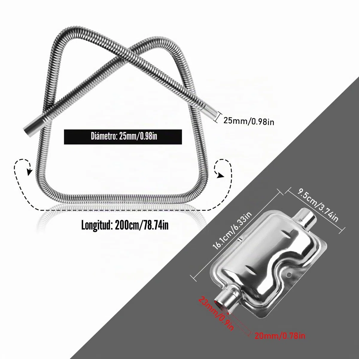 Manguera de escape de 200 cm para generador de electricidad con silenciador, tubo de escape de acero inoxidable para auto, tubo de escape del tanque de combustible para calefacción de