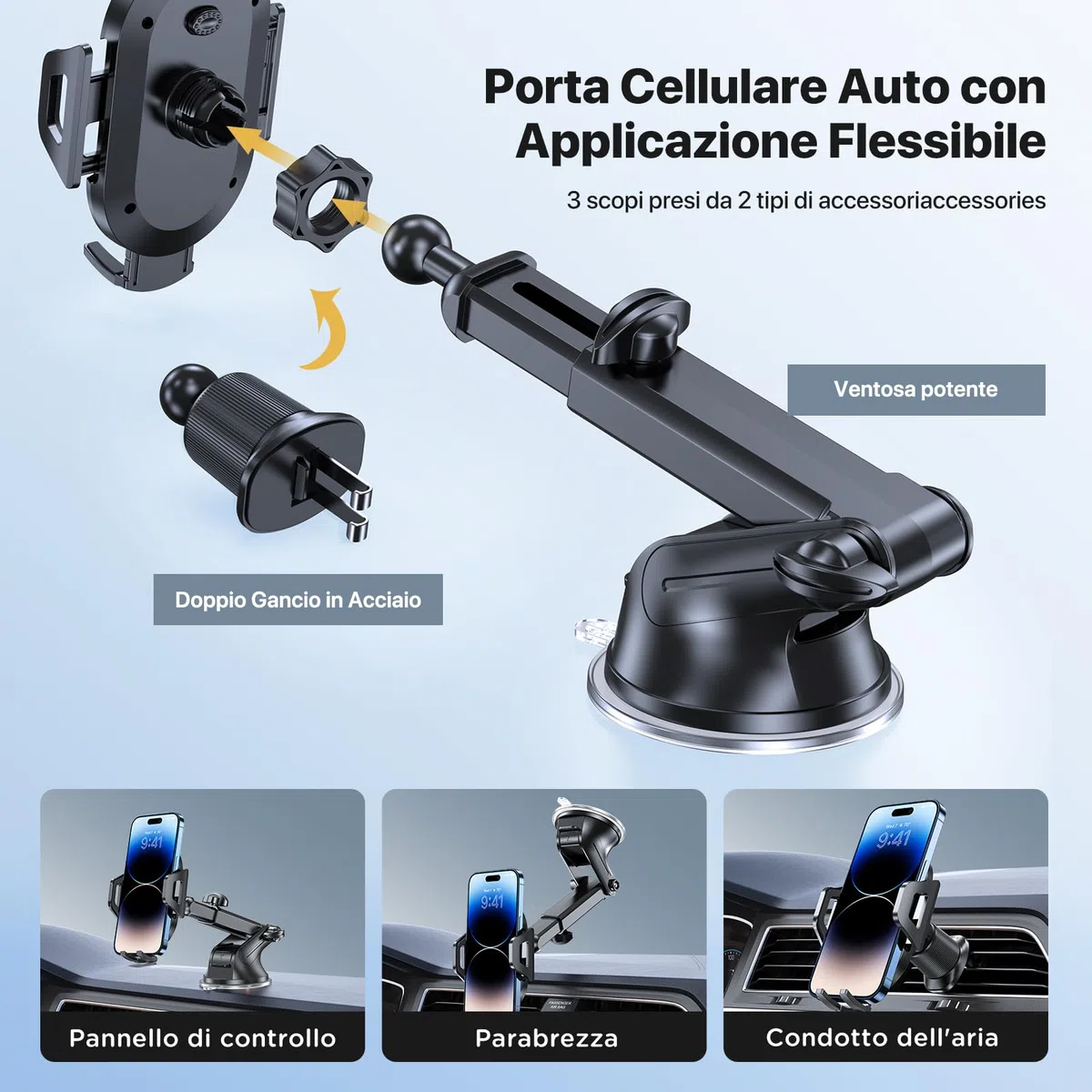 Miracase Soporte Movil Coche [Ultra Estable y Potente Ventosa] Suporte Telemovel Carro para salpicadero y Parabrisas y Aire Ventilación [3 en 1] Porta Movil Coche para Teléfonos de 4-7''