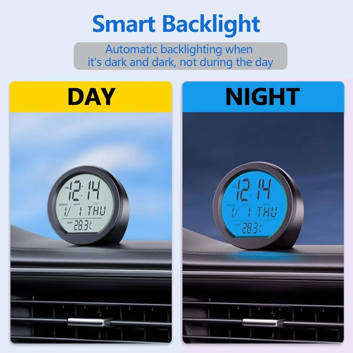 Digital Reloj Termómetro Para Coche, Reloj Digital Para Salpicadero De Coche Con Termómetro Y Calendario, Energía Solar Redondo Reloj Pantalla Tiempo/Fecha/Temperatura Para Coches Universales
