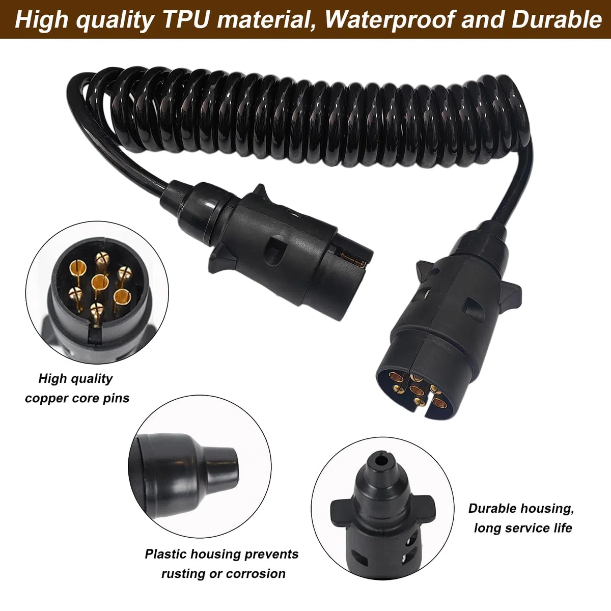 Remolque Cable 7 Pines Cable de Extensión para Remolque 7-7 Pines con Conector de Enchufes de Remolque 3m 12V Remolque Cable de Espiral para Caravanas Coches Barco Camión RV