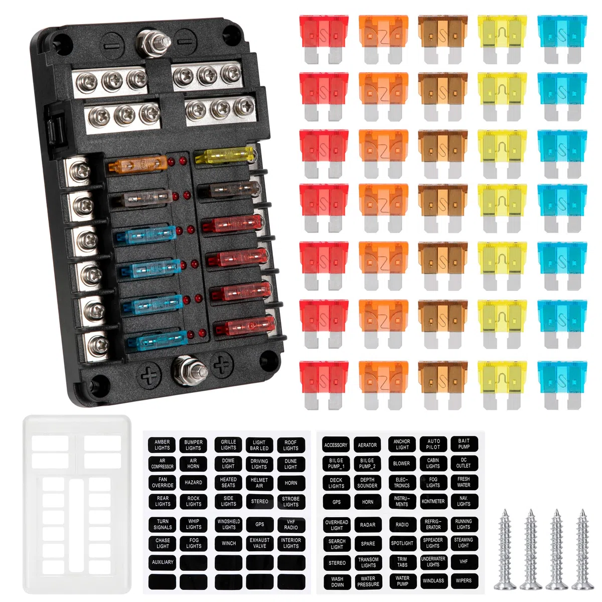 Caja Fusibles 12 Vías Portafusibles 12V Porta Fusible Coche con Indicador LED y 30 piezas Fusibles para Coche Barco Camión Camper